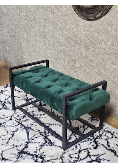 Zafir Siyah Boyalı Metal 80 Cm Puf Bench - Antre Puf - Hol Bench - Puf - Oturak - Bench Yeşil