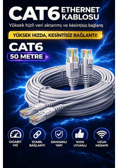 Cat6 Ethernet Kablosu 50m Gigabit Lan Kablosu Yüksek Hızlı İnternet Kablosu 50 M