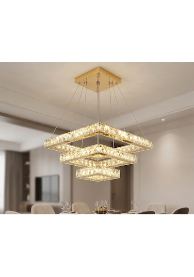 Ala Lighting Plaket Kristal Taş Işlemeli 201 Gold Paslanmaz Kare Avize Altın - Gold