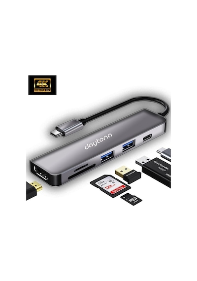 Daytona CH-13C Apple Uyumlu MacBook Type-C to USB 3.0 SD TF 4K HD 1080P HDMI PD Kart Okuyucu Çevirici Hub Adaptör