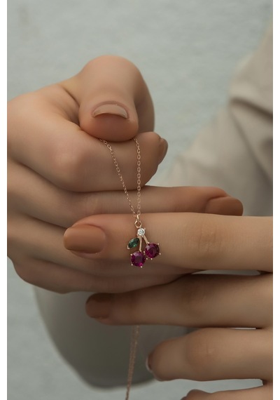 Nereze 925 Ayar Gümüş Rose Zirkon Taşlı Kiraz Kolye