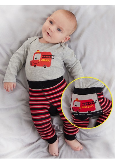 Denokids İtfaiye Erkek Bebek Body Tayt-Pantolon Takım Gri