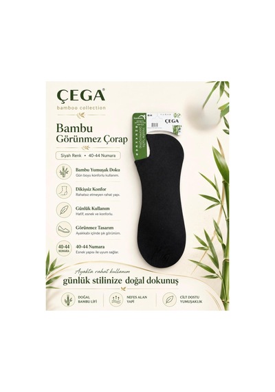 Çega Socks Erkek Görünmez Bambu Dikişsiz Sneaker Çorap 12'li Siyah Siyah