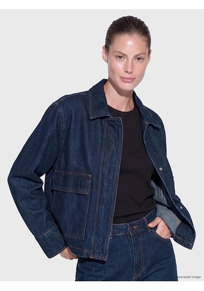 LC Waikiki Lcw Everyday İndigo Gömlek Yaka Kadın Jean Ceket Dark Rodeo