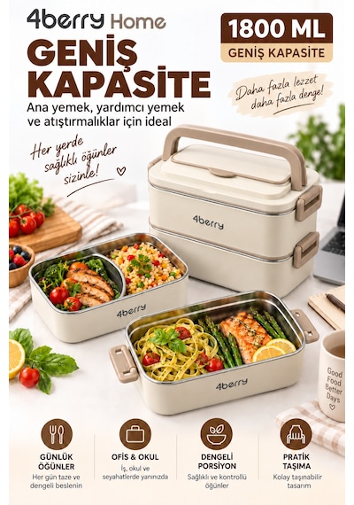 2 Katlı Yemek Termosu 3 Bölmeli 1800 Ml Taşınabilir Yemek Kabı, 304 Paslanmaz Çelik, Sızdırmaz, Isı Yalıtımlı, Kaşıklı Krem