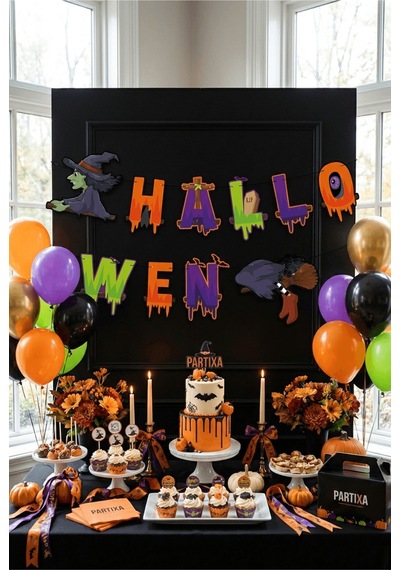 Halloween Cadı Şapkalı ''halloween'' Yazılı Banner - 2,70 Metre Cadılar Bayramı Kutlama Çok Renkli