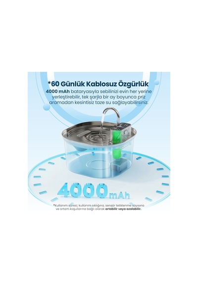 Pwl010 Otomatik Kablosuz Kedi Su Pınarı, Sensörlü , Bataryalı , Ultra Sessiz, Çelik , 3.2lt Hazne