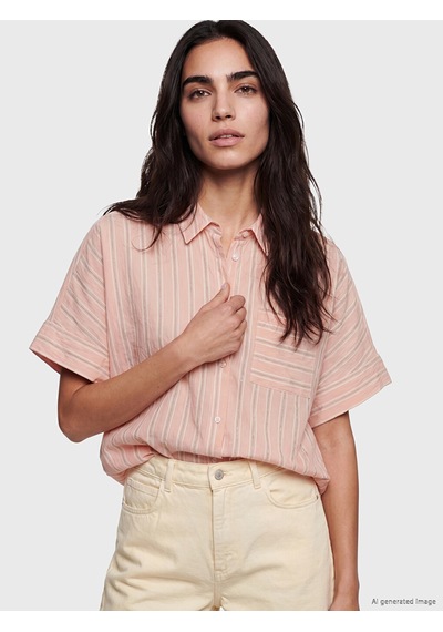Lcw Vision Pembe Çizgili Oversize Kadın Gömlek