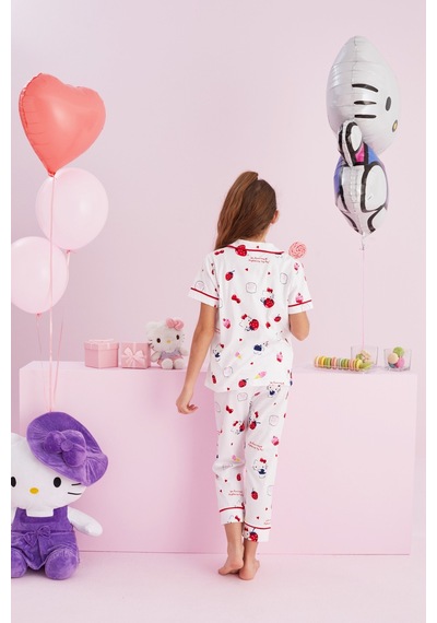 Siyah İnci Lisanslı %100 Pamuk Çok Renkli Düğmeli Biyeli Pijama Takım Hk056 Beyaz