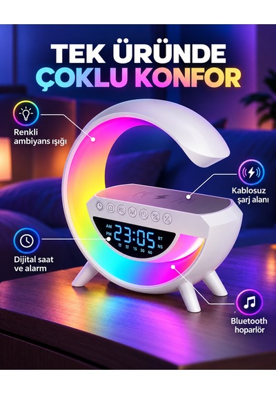 Şarjlı Hoperlör 7 Led Işıklı Bluetoothlu Alarm Saat Şarj İstasyonu Ritme Göre Renk
