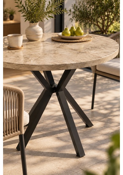 Sulorahome 90 Cm Yuvarlak Mutfak Masası - Traverten Desenli Modern Metal Ayaklı