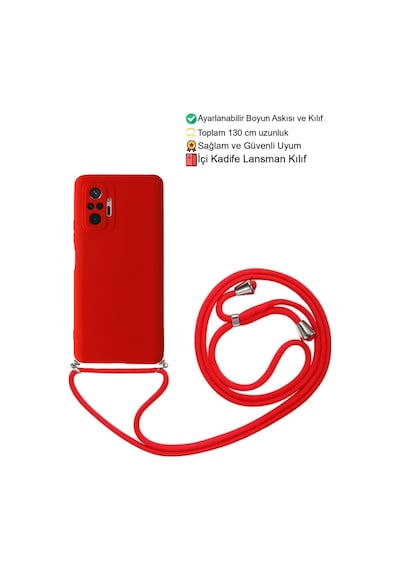 Xiaomi Redmi Note 10 Pro Telefon Kılıfı - Boyun Askılı Lansman İçi Kadife Yumuşak Silikon Kırmızı