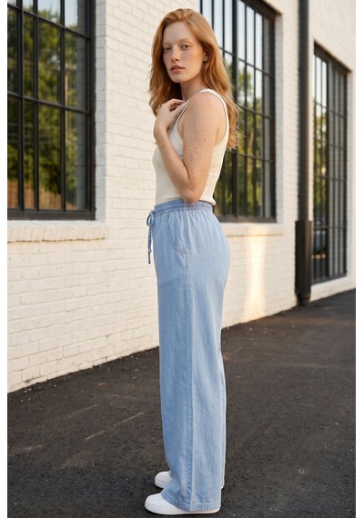 Soulshae Yüksek Bel Beli Lastikli Denim Pantolon Mavi 1
