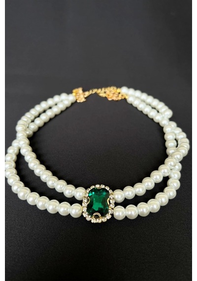 Haki Kristal Uçlu İnci Choker Kolye Beyaz