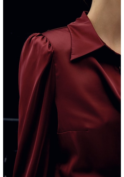 Sateen Vatkalı Saten Gömlek - Bordo-136728 Bordo