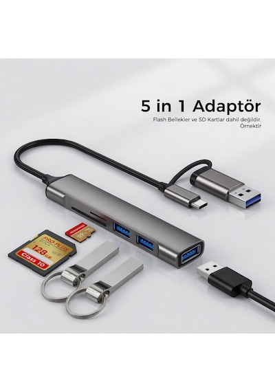 Usb 3.0 Usb Çoklayıcı 5 İn 1 Usb-a Ve Usb Type C Kablolu Micro Sd Ve Sd Kart Okuyucu Özellikli Usb Hub Çoğaltıcı 3 Usb Port Yüksek Hızlı Data Aktarım