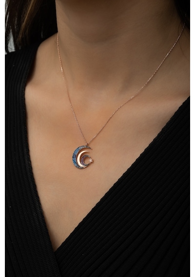 Papatya Silver Üç Hilal ve Yıldız Ritimli Bayrak Kolye Renkli Taş Rose Gold Kaplama 925 Ayar Gümüş UVPS100500