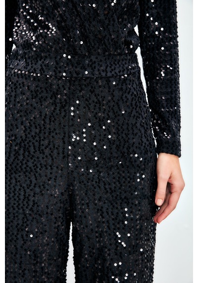 Sateen Bol Paça Payetli Pantolon - Siyah