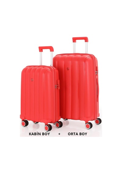 Mçs Bavul Orta Ve Kabin 2li Set Kırılmaz Silikon Valiz V305 Kırmızı