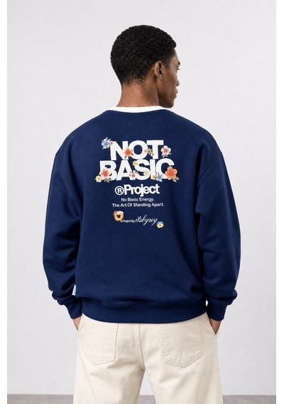 Respire Erkek Not Basic Project Baskılı Oversize Sweatshirt Lacivert