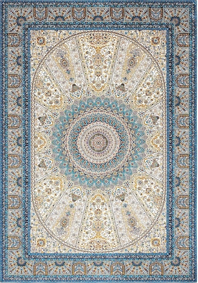 Enti Herat 2803 Mavi Klasik Salon Halısı Çerçeveli Göbekli Parlak Dokuma Lüks Vintage Halı Mavi