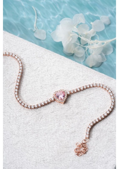 925 Ayar Gümüş Rose Kaplama Pembe Taşlı Kalp 2 Mm Zirkon Taşlı Suyolu Bileklik Rose
