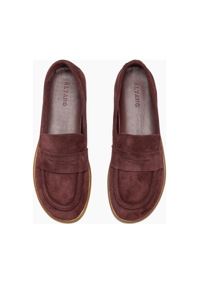 Cara Hakiki Deri Bordo Süet Kadın Loafer Ayakkabı