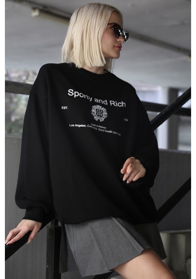 Siyah Bisiklet Yaka Baskılı Oversize Kadın Sweatshirt Mg1577