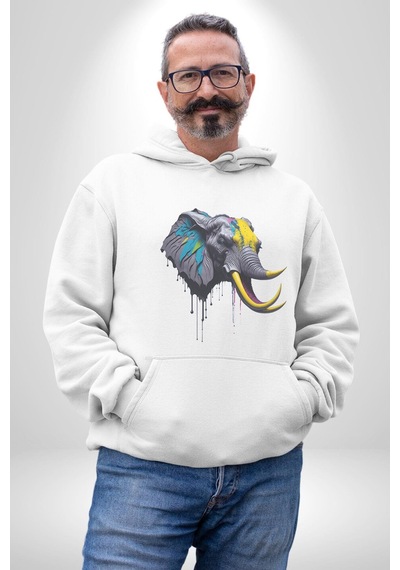 Renkli Fil Kafası Kadın Erkek Beyaz Kapüşonlu Sweatshirt Hoodie Beyaz