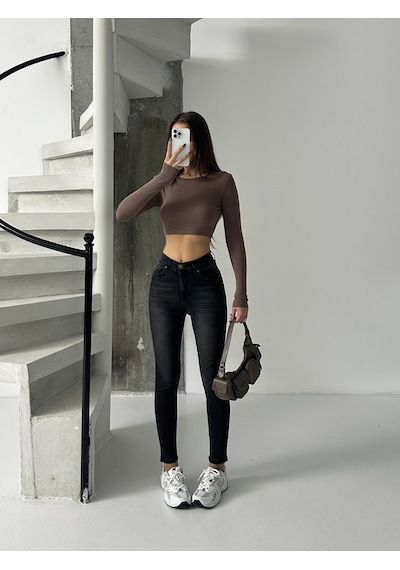 Kadın Bıyık İşlemli Kot Dar Paça Jeans Füme
