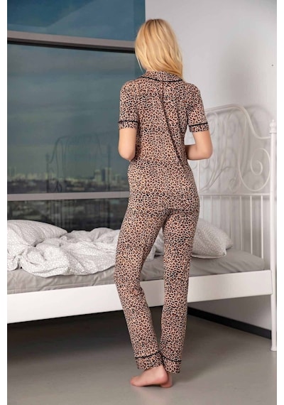 Siyah İnci Kadın Kısa Kollu Pamuklu Düğmeli Biyeli Pijama Takım Leopar