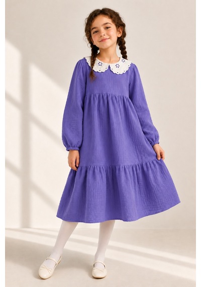 Angel&co. Girls Clothing Brode Yaka Müslin Midi Elbise-mor Lavanta Moru Lavanta Moru