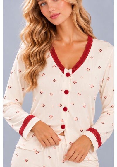 Pijamask Kadın Çiçek Ve Kelebek Desenli V Yaka Düğmeli Uzun Kollu Kaşkorse Pijama Takımı Ekru Pijamask Kadın Çiçek Ve Kelebek Desenli V Yaka Düğmeli Uzun Kollu Kaşkorse Pijama Takımı Ekru