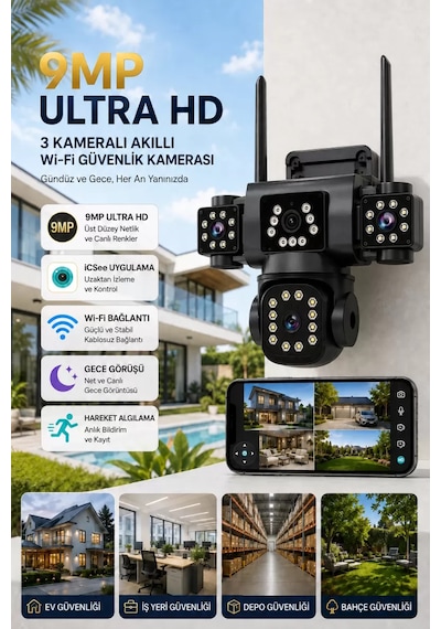 İcsee 9002 9mp 3 Lens Wifi Güvenlik Kamerası, Motorlu Gece Görüşlü Dış Mekan Kamera, 32gb Kart Ve Adaptör