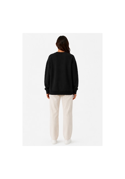 Herkesemoda Bloom Baskı Detaylı Şardonlu 2 İplik Bisiklet Yaka Sweatshirt Siyah