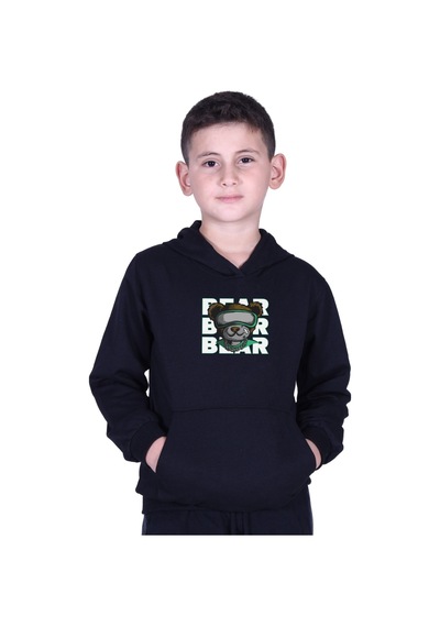 Fyk Kids Kapüşonlu Kanguru Cepli Bear Baskılı Erkek Çocuk Sweatshirt Siyah