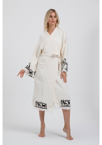 Befera Hitit Müslin Kimono Pamuklu Lotus Baskılı Desenli Bornoz Kaftan Sabahlık Ekru
