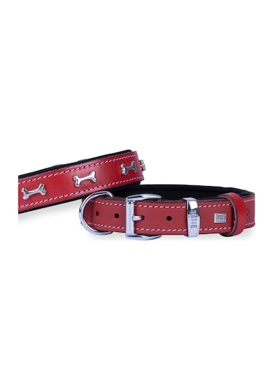 Doggie Konforlu Deri El Yapımı Kemik Süslü Köpek Boyun Tasması 3 x 42-50 CM Kırmızı