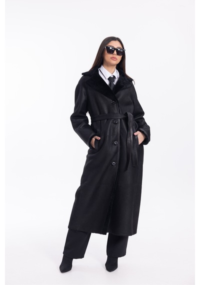 M M Marki Marki Kadın Siyah Hakiki Deri Oversize Palto İçi Kürklü Kuşaklı Premium 120 Cm - 121922