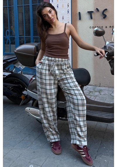 Bej Ekose Desenli Balon Fit Kadın Pantolon Mg2686 Bej