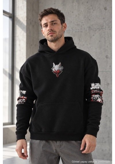 Polo State Erkek Kitsune Anime Baskılı Oversize 3 İplik Şardonlu Kapüşonlu Sweatshirt Siyah