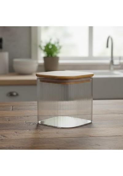 Bambu Kapaklı Kare Cam Saklama Kavanozu 10x10 Cm - Vakum Kapaklı Şeffaf Erzak Kabı Ve Mutfak Düzenleyici Organizatör 7009
