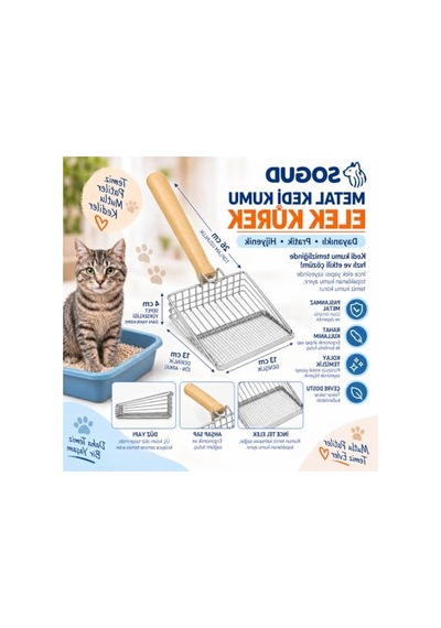 Ahşap Saplı Paslanmaz Kedi Kumu Temizleme Küreği - 26 Cm Uzunluk