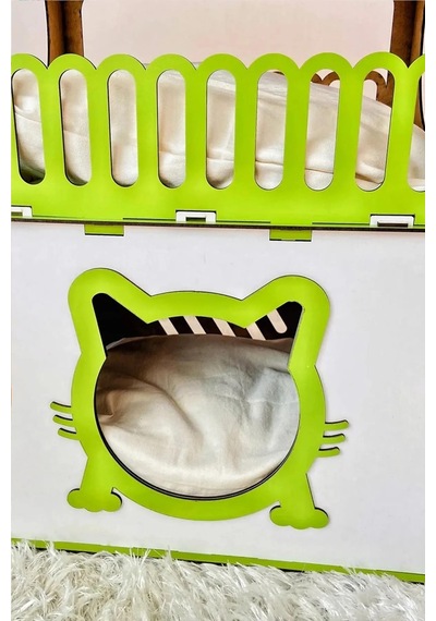 Dekoratif Ahşap Kedi Evi Teraslı 2 Katlı Merdivenli Kedi Evi 70 x 40 x 75 CM