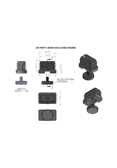 Cateksss 30x50 Mm Kademeli Gizli Ayarlı Profil Pabucu Siyah - 26 Lı Paket