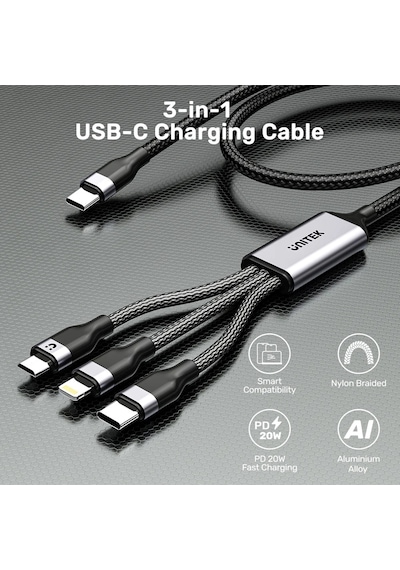 Unıtek Type-c 3in1 Hızlı Şarj Kablosu 1.5mt 20w Mıcro Usb, Type-c, Lıghtnıng C14101agy01-1.5m