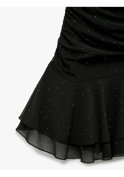 Koton Slim Fit Tül Etek Ucu Detaylı Taşlı Straplez Mini Elbise Siyah 5sak80535ek Siyah