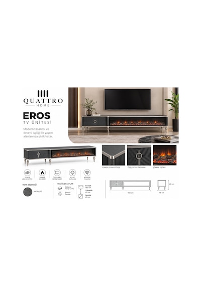 Eros Elektrikli Şömineli Tv Ünitesi Antrasit Gümüş Detaylı Modern Tasarım 160 Cm