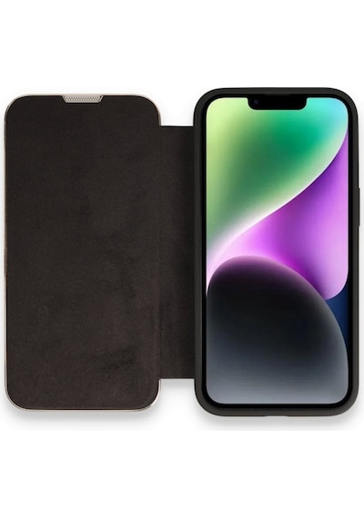 Apple Uyumlu iPhone 14 Pro Max Kapaklı Kılıf Parmak Izi Bırakmaz Dışı Deri Içi Süet Tasarım Siyah