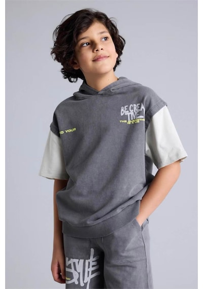 Defacto Oversıze Baskılı Sweatshirt Kumaşı Kısa Kollu Tişört Erkek Çocuk G9737a826smgr452 Gri-gr452